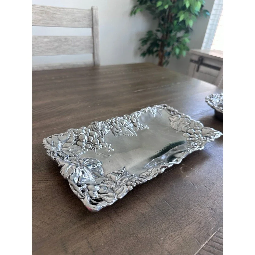 Vintage Arthur Court Grape Tray Bowl Set Cast Aluminum Vineyard Serveware